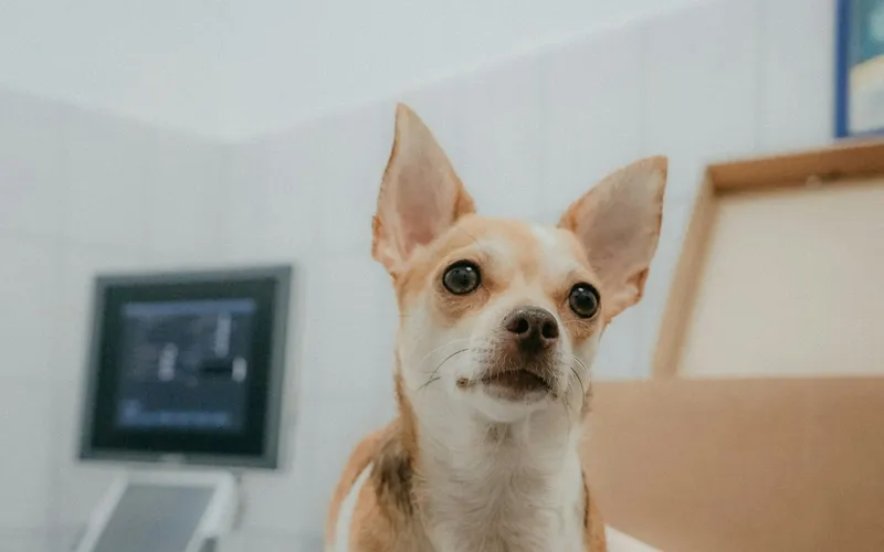 Krótkowłosy chihuahua o rudo-białej sierści w gabinecie weterynaryjnym, za nim monitor aparatu do badań