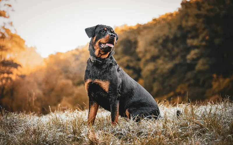 Rottweiler siedzi na oszronionej trawie na tle jesiennego lasu i patrzy w bok